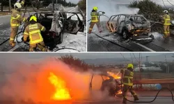 Balıkesir İzmir otoyolunda korkutan yangın! Araç alevler içinde kaldı