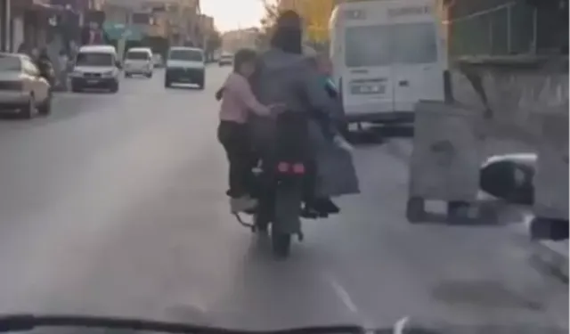 Canlarını hiçe sayarak motosiklete 5 kişi bindiler