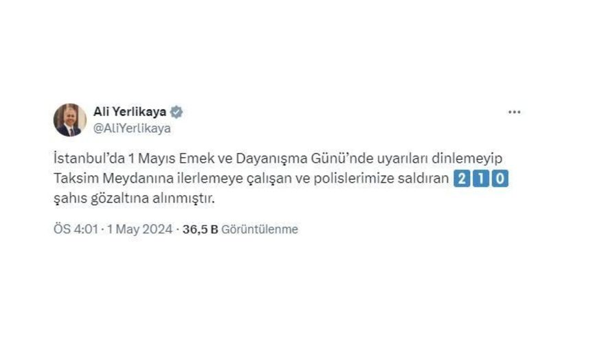 İçişleri bakanı açıkladı: 2024 İstanbul'da 1 Mayısta kaç kişi gözaltına alındı?