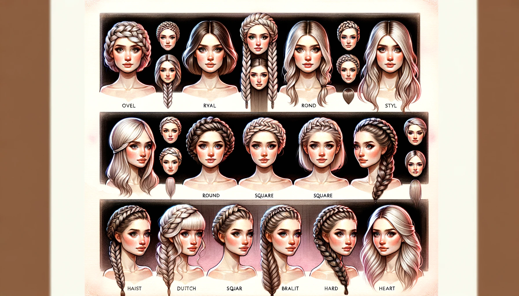 Dall·e 2024 03 19 10.57.22 Create A Highly Detailed And Artistic Image Showing A Variety Of Beautiful Hair Braid Styles Suitable For Different Face Shapes. The Image Should Depi