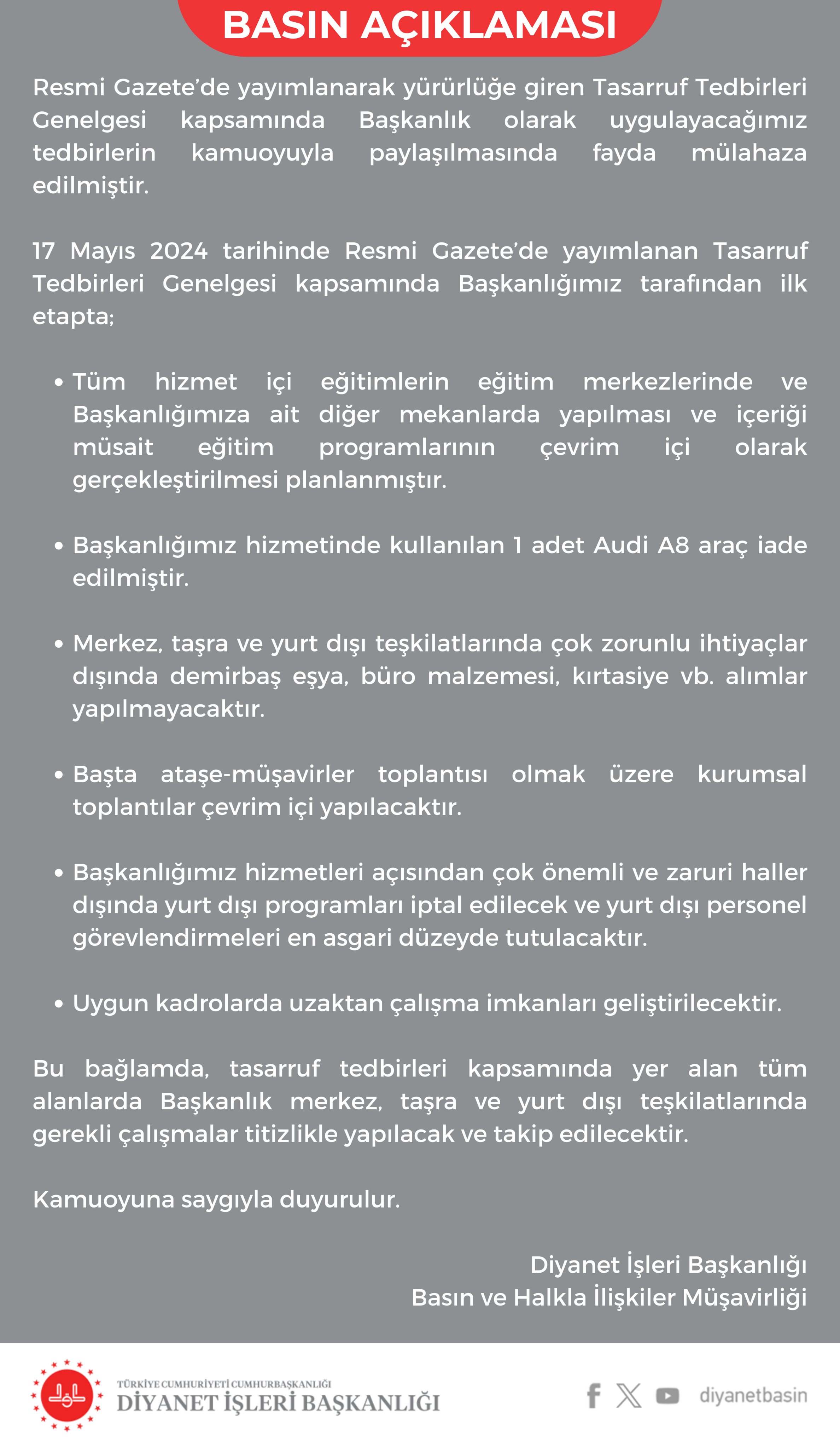 Diyanet Isleri Baskanligi Tasarruf Tedbirleri Genelgesi Kapsaminda Audi A8 Araci Iade Etti2