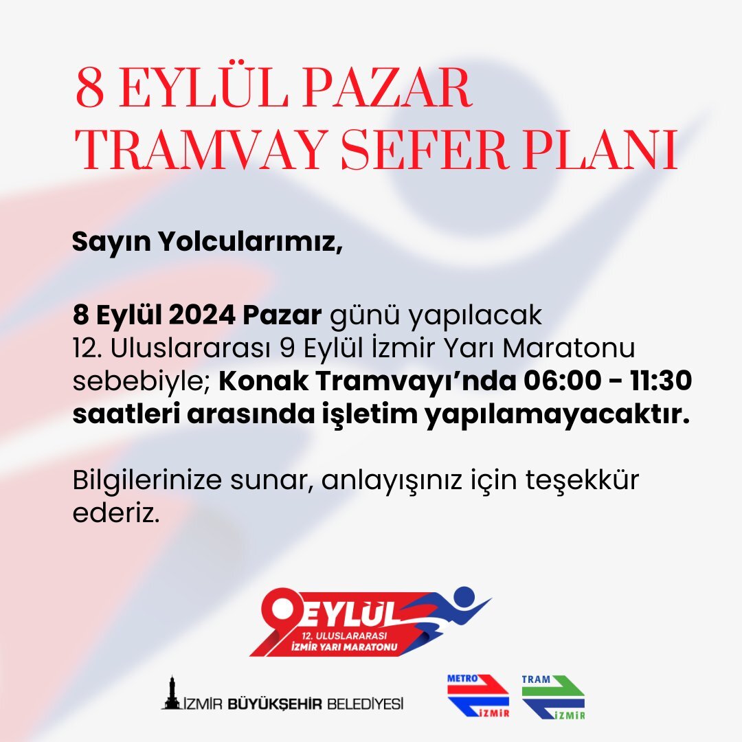 Izmir Yari Maratonu Nedeniyle Konak Tramvayi Seferlerine Gecici Duzenleme